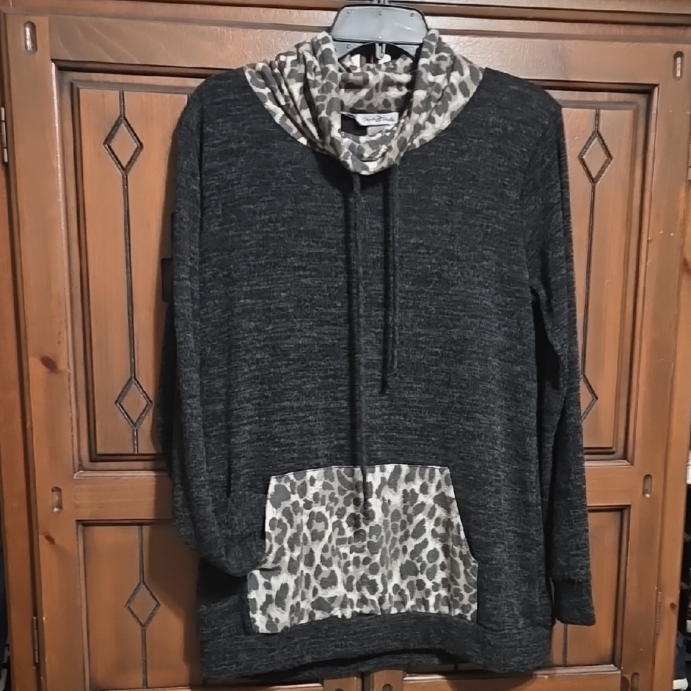 Womens Cozy Charcoal Gray Sweater with Leopard Accents, large